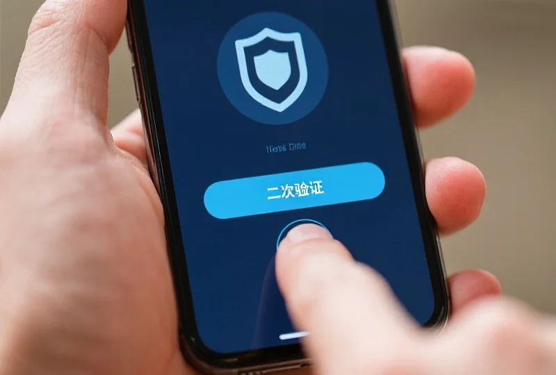 一只手正按下手机上的二次验证按钮，屏幕显示安全提示图标